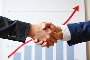 Gráfico de progreso con una flecha ascendente y dos personas dándose la mano, simbolizando apoyo