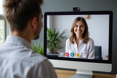Persona en una videollamada con un nutricionista, mostrando una interacción profesional y amigable
