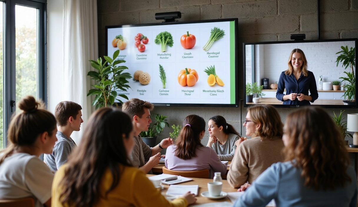 Personas interactuando en un webinar sobre nutrición, con gráficos de alimentos saludables y pantallas de ordenador.