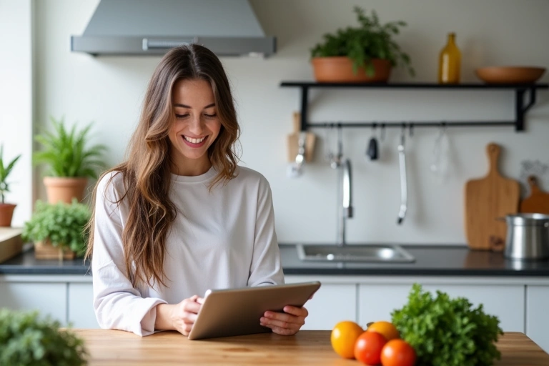 Mujer leyendo información nutricional en una tablet